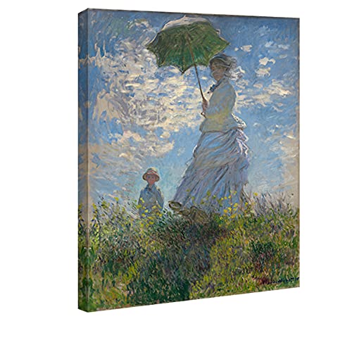 Wieco Art M0103-P Kunstdruck auf Leinwand, Motiv Frau mit Sonnenschirm, Claude Monet, berühmtes Ölgemälde, Reproduktion, Home Office, Dekoration Art Deco 12x16inch (30x40cm) blau/grün von Wieco Art