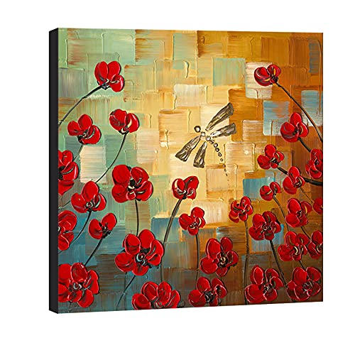 Wieco Art Modernes Ölgemälde mit Blumen und Libelle, 100 % handgemalt, gespannt und gerahmt, Blumengemälde auf Leinwand, Wandgemälde, fertig zum Aufhängen, für Schlafzimmer, Küche, Esszimmer, Deko für Ihr Zuhause von Wieco Art