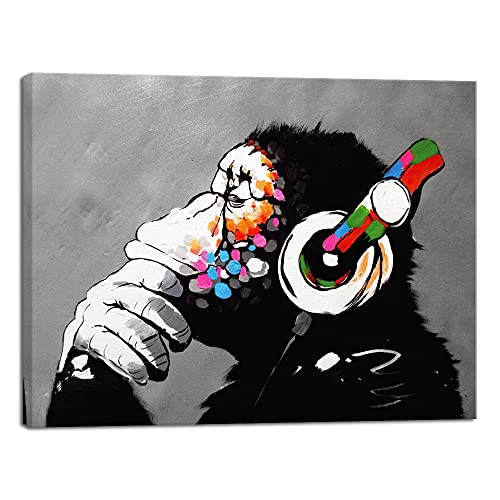 Wieco Art Affe mit Kopfhörern, Banksy DJ Schimpanse, Pop-Art, cooler Affe, abstrakte Leinwanddrucke, Wandkunst Gemälde für Wohnzimmer, Schlafzimmer, Heimdekorationen, gestrecktes Kunstwerk für von Wieco Art