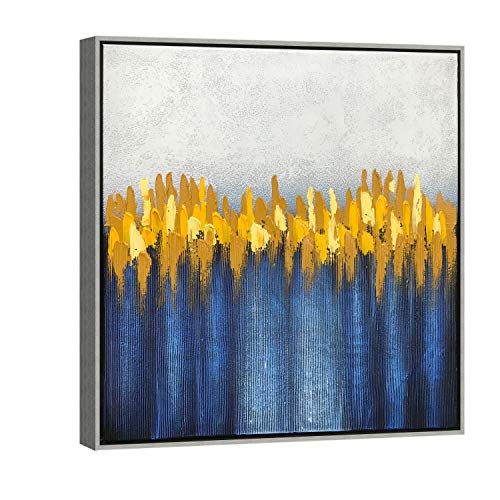 Wieco Art Ölgemälde auf Leinwand, abstrakt, abstrakt, silberfarben, abstrakt, grau, gelb und blau, Wandkunst, modern, 100 % handgemalt, für Wohnzimmer, Dekoration AB1127-6060-SF von Wieco Art