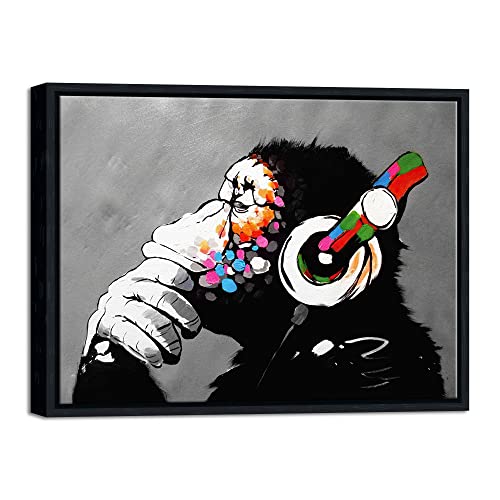 Wieco Art Schwarzer gerahmter Affe mit Kopfhörern, Banksy-Graffiti-Kunst, abstrakte Leinwand-Gemälde, Kunstdrucke, Tier-Leinwand-Kunst, Wanddekoration und Heimdekoration, Bürodekoration von Wieco Art