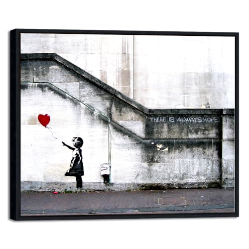 Wieco Art Schwarzer gerahmter Kunstdruck auf Leinwand, Wandkunst von Banksy-Grafitti Girl mit rotem Ballon, graue Liebesbilder, Gemälde für Wohnzimmer, Heimdekorationen, BANKSY-1-5060BF-UK von Wieco Art