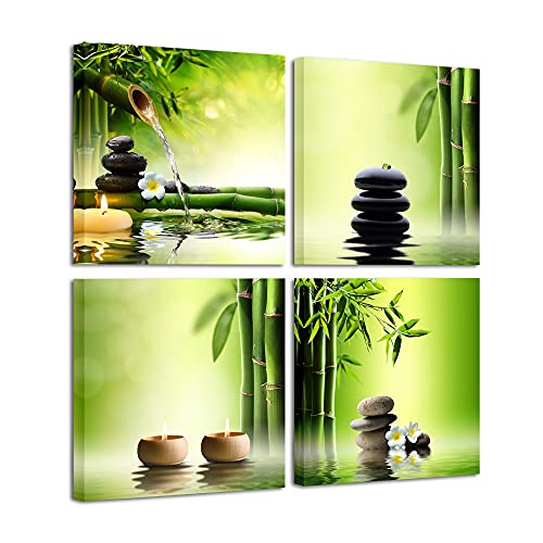 wieco Kunst – Modern 4 Paneele gespannt und gerahmt modernes Zen Giclée-Leinwand Prints perfekt Bambus grün Bilder Gemälde auf Leinwand Art Wand für Home Office Dekorationen Wohnzimmer Schlafzimmer von Wieco Art