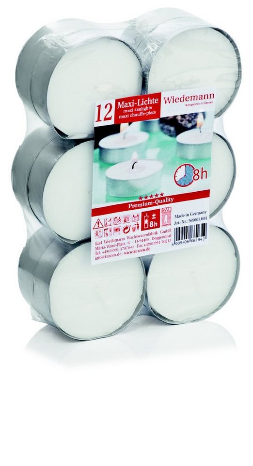 Wiedemann Kerzen Teelicht Maxi-Teelichte Weiß, 8 Stunden Brenndauer, 12 Stück Wiedemann Kerzen Teelicht Maxi-Teelichte Weiß, 8 Stunden Brenndauer, 12 Stück von Wiedemann Kerzen