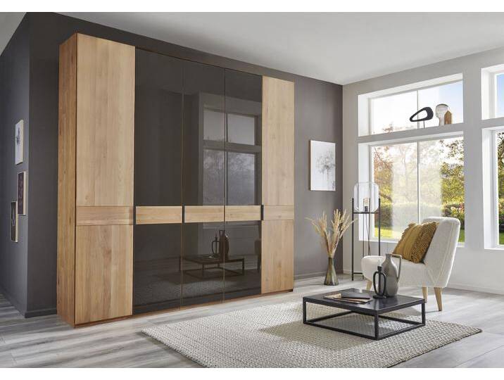 Drehtürenschrank WIEMANN Cardiff, Massivholztüren in Kombination mit Glas- oder Spiegeltüren , braun (glas mocca), B:246,3cm H:236cm T:58cm, Floatglas, Holzwerkstoff, Hartfaserplatte, Massivholz, Schränke, hochwertiges Design in langlebiger Qualität, viel Stauraum von Wiemann