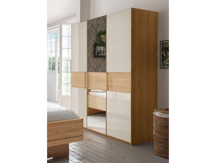 Drehtürenschrank WIEMANN Kiruna , braun (eiche teilmassiv, champagnerglas, kristallspiegel), B:148,4cm H:217cm T:58cm, Holz teilmassiv, Floatglas, Kristallglas, Schränke, mit Champagnerglas und Spiegel von Wiemann