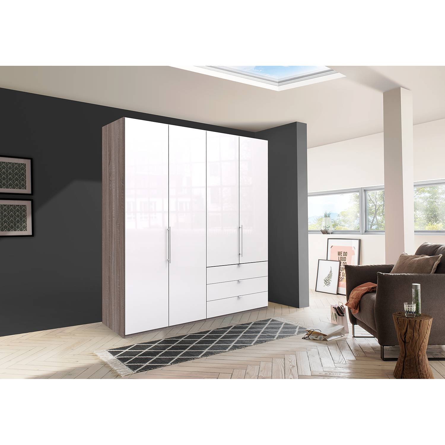home24 Falttürenschrank I 216cm Schublade rechts Braun/Grau/Trüffeleiche Dekor/Glas Weiß home24 Falttürenschrank I 216cm Schublade rechts Braun/Grau/Trüffeleiche Dekor/Glas Weiß von home24
