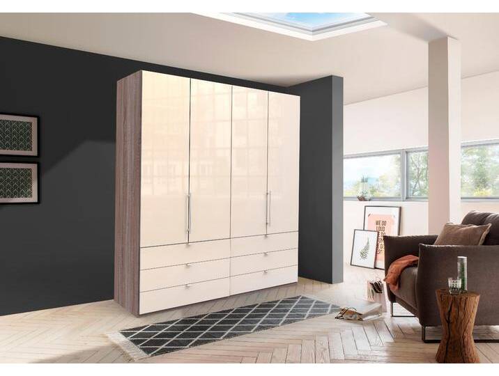 Falttürenschrank WIEMANN Loft, Kleiderschrank, Schrank, Wäscheschrank, mit Glasfront , beige (trüffeleichefarben, magnolie glas), B:200cm H:216cm T:58cm, Schränke, inkl. gepämpften Schubkästen und Türen, mit Panoramaöffnung von Wiemann