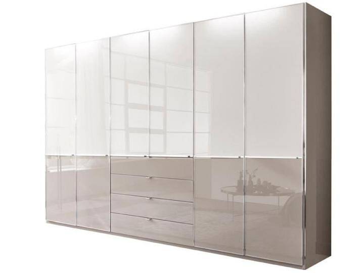 Kleiderschrank WIEMANN Shanghai, Drehtürenschrank, Schrank mit 2-farbiger Glasfront , weiß (weiß, kieselgrau), B:300cm H:220cm T:58cm, Glas, Metall, Kunststoff, Schränke, mit hochwertiger Glasfront, Schubkästen und Türen inkl. Dämpfung von Wiemann
