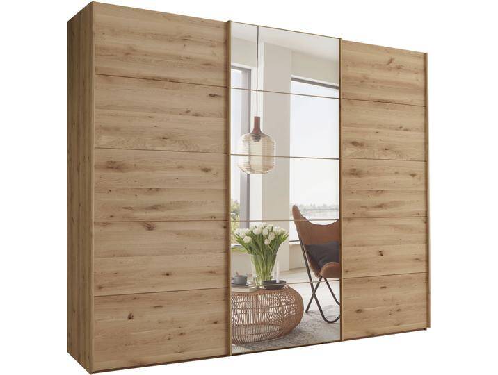 Schwebetürenschrank WIEMANN Cardiff , braun (bianco, eiche, nachbildung), B:295,2cm H:217cm T:67cm, Floatglas, Holzwerkstoff, Schränke, mit massiven Holztüren und Spiegel von Wiemann