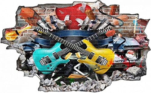 3D-Effekt Wandtattoo Aufkleber Durchbruch selbstklebendes Wandbild Wandsticker Stein Wanddurchbruch Wandaufkleber Tattoo,Gitarren,Größe 75X113cm von Wieoc