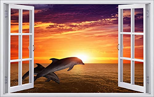 3D Look Wandtattoo Wand Durchbruch Wandbild Sticker Aufkleber Wandaufkleber, Delphin Sonnenaufgang,selbstklebend Schlafzimmer Wohnzimmer Kinderzimmer 42x62cm von Wieoc