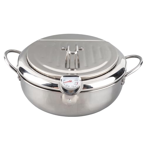 Fritteusentopf, Japanischer Tempura, Kleiner Fritteusen-Edelstahl-Frittiertopf mit Thermometerdeckel und Öltropfabtropfgestell für Pommes Frites (Große Größe 24 cm) von Wifehelper