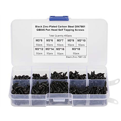 Wifehelper 450 Stücke Selbstschneidende Schrauben Set Kohlenstoffstahl Schwarz M3 Cross Pan Head Sortiment Kit für Kunststoff Holz Weichmetall von Wifehelper