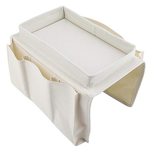 Wifehelper Couch Sofa Stuhl Armlehne Caddy Organizer Hängen TV Fernbedienung Zeitschriftenhalter Speicherorganisator Couch Aufbewahrungstasche mit Getränkehalter Tablett(Beige) von Wifehelper