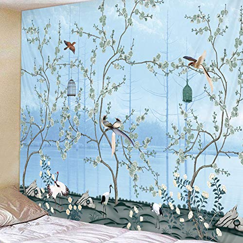 Wifehelper Großer Wandteppich Böhmisch Blau Blumen und Vögel Weich Bequem Langlebig Wandbehang Bettwäsche Tapisserie Wohnzimmer Schlafzimmer Dekoration(150 * 150cm) von Wifehelper