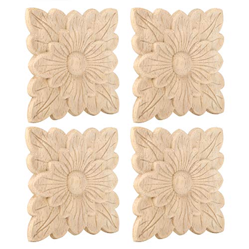 Wifehelper Holzapplikationen, 4 Pcs Schöne Blumenmuster Holzgeschnitzte Applique Möbel Dekoration Gartentür Zubehör von Wifehelper