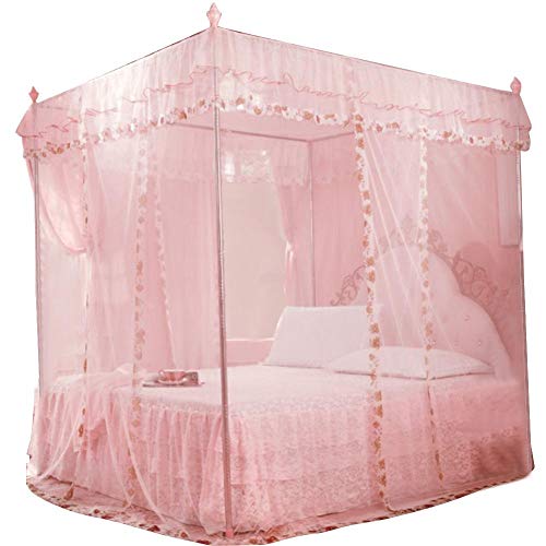 Wifehelper Rectangular Mesh Mosquito Net Luxury Princess 3 Side Openings Post Bed Curtain Canopy Netting Mosquito Net for Bedroom(150 * 200 * 200cm-Pink) von Wifehelper