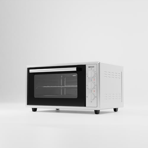 Wiggo Mini Backofen 45 Liter - 2000 Watt, Max. 250°C Hitze, 90 Min Timer, Inkl. Backblech, Grillrost & Drehspieß - Kompakt & Vielseitig (Weiß) von Wiggo