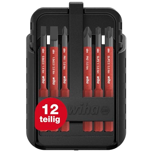 Wiha Bit Set slimBit electric Schlitz, PH, PZ, PlusMinus/PZ, TORX® 12-tlg.I inkl. slimBit-Boxen, Gürtelhalter I kompakt, mobil I VDE geprüft (43162) von Wiha