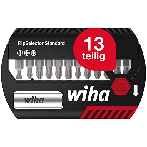 Wiha Bit Set FlipSelector Standard 13-tlg. I 25 mm Pozidriv, TORX 1/4" I magnetischer Bithalter I Öffnen per Knopfdruck (39040) von Wiha