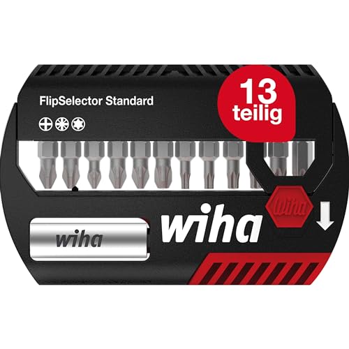 Wiha Bit Set FlipSelector 13 teilig I mit Gürtelclip I Standard 25 mm Kreuz, Pozidriv, TORX® I magnetischer Bithalter I 1/4 Zoll C6,3 (39060) von Wiha