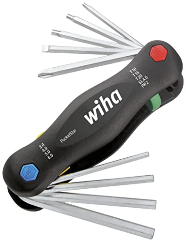 Wiha Multitool PocketStar® Innen-Sechskant, Schlitz, Phillips, TORX 9-tlg., per Tastendruck schneller Zugriff, als Längs- und Quergriff einsetzbar, all-in-one Werkzeug (25293) von Wiha