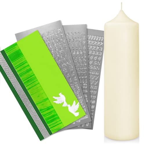 WIKAKERZEN Taufkerze selber Machen Set mit Kerzen-Rohling Buchstaben und Wachsplatten mit Wachsmotiven | Jetzt Größe und Farben Wählen (Kerze 25x7 cm | Creme, Grün mit Taube) von WIKAKERZEN