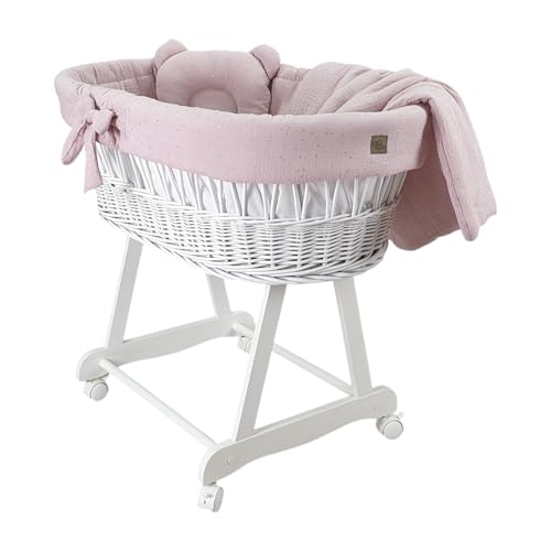 Wiklinopol Moseskorb Amelia Stubenwagen aus Weide mit Gestell & Matratze – Babykorb in Weiß – Set Musselin-Bettwäsche in Gold-Lila – Weidenkorb, Tragbar, Ideal für Neugeborene von WIKLINOPOL IRENEUSZ ZYGMUNT WICKER WOOD BABY 2000 EU