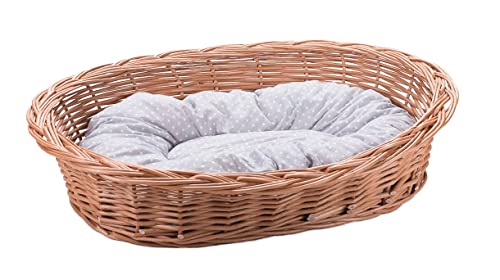 Wiklinowy Świat - Weidenkorb Hundebett Katzenbett, Weidenbett für Haustiere - Natürlich warm, atmungsaktiv und stilvoll - Verschiedene Größen 58x42x15cm - grau gepunktetes Kissen von Wiklinowy Swiat