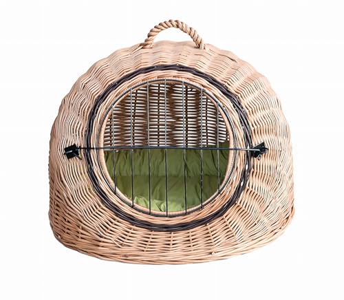 Wiklinowy Świat - Weidenkorb Transportbox, Katzentransportbox, Transporttasche für Katze Hund - Tragebox für Mittel Kleine Haustiere - mit Metallverschluss - 45x35x40cm - grünes Kissen von Wiklinowy Swiat