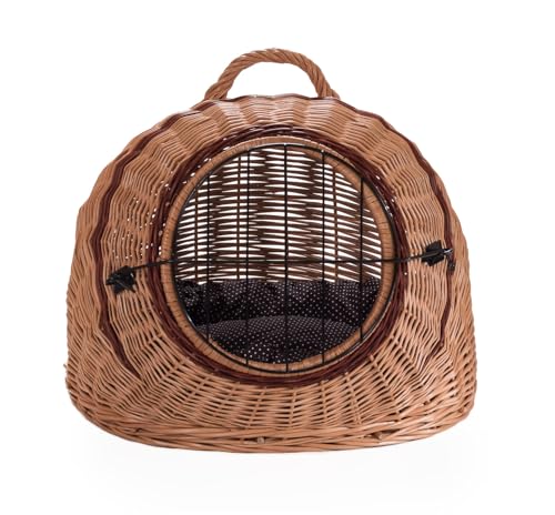 Wiklinowy Świat - Weidenkorb Transportbox, Katzentransportbox, Transporttasche für Katze Hund - Tragebox für Mittel Kleine Haustiere - mit Metallverschluss - 50x40x45cm - gepunktetes braunes Kissen Wiklinowy Świat - Weidenkorb Transportbox, Katzentransportbox, Transporttasche für Katze Hund - Tragebox für Mittel Kleine Haustiere - mit Metallverschluss - 50x40x45cm - gepunktetes braunes Kissen von Wiklinowy Swiat