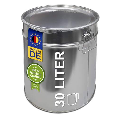 plasteo® 30 Liter Blecheimer Hobbock Fass mit Deckel und Spannring | Stabile Seitliche Metallgriffe | Luft und Flüssigkeitsdicht | Robust und Stapelbar | Gefahrgut Tauglich von plasteo