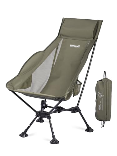 WildCall Leichter faltbarer Campingstuhl mit hoher Rückenlehne und Kopfstütze, kompakter Strandstuhl mit Anti-Schrumpfen, großen Füßen und drei Neigungswinkeln von WildCall