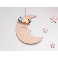 Schlafender Mond Aus Holz Mit Blumen, Kinderzimmer Wanddekoration, Dekoration, Holzdekoration, Babyzimmer Dekor von WildCornerForKids