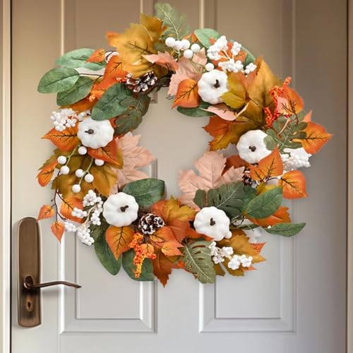 Herbstkranz, Haustür, 50 cm, hängender Kranz für drinnen und draußen, Herbstkranz mit Blättern, Beeren und Kürbisernte für Thanksgiving, Ernte, Festival, Herbst, Heimdekoration (D) von WildFun
