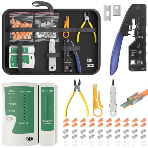WildFun RJ45 Crimp Tool Kit, Ethernet Crimping Tool Set mit 20PCS Pass Through Connectors &Protection Boots, Netzwerkkabel Tester, Wire Stripper und Wire Cutter in einer Stofftasche von WildFun