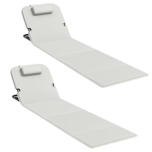 WildFun Strandmatte Klappbar mit 5 Verstellbarer Rückenlehne, 165 X 55cm Strandliege mit Kopfstütze und Aufbewahrungstasche for Urlaub Camping, Garten, Pool (Grau, 2pcs) von WildFun