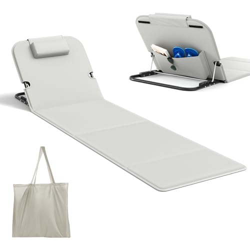 WildFun Tragbare Strandmatte Lounge Chair und Tote, Faltbare Strandmatte mit Verstellbarer Rückenlehne und Tasche für Strand, Pool, Picknick oder Hinterhof-Entspannung(1pcs, Grau) von WildFun