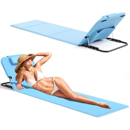 WildFun Tragbare Strandmatte Lounge Chair und Tote, Faltbare Strandmatte mit Verstellbarer Rückenlehne und Tasche für Strand, Pool, Picknick oder Hinterhof-Entspannung(2pcs, Blau) von WildFun