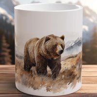 Rustikale Grizzlybär Becher Wildnis Szene Keramik Kaffeetasse Wilde Grizzly Camper Geschenk Wandern Aquarell Outdoor von WildInkHandcrafted