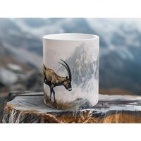 steinbock Becher Robuste Bergszene Keramik Kaffeetasse Majestätisch Design Outdoor-Begeisterte Geschenk Camping Morgen Ansicht 11 Unze von WildInkHandcrafted