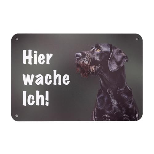Deutsch Drahthaar schwarz (DD) - Hier wache ich! Gartenzaun Schild, Warnung vor dem Hunde, Hundeschild zum Befestigen am Zaun von Wilde Hilde Original