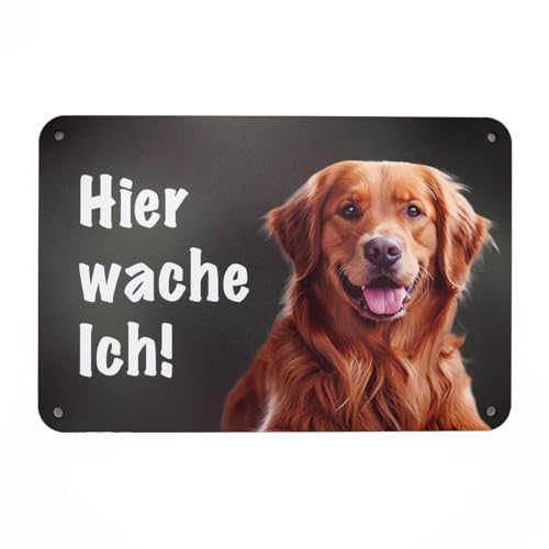 Golden Retriever - Hier wache ich! Gartenzaun Schild, Warnung vor dem Hunde, Hundeschild zum Befestigen am Zaun von Wilde Hilde Original