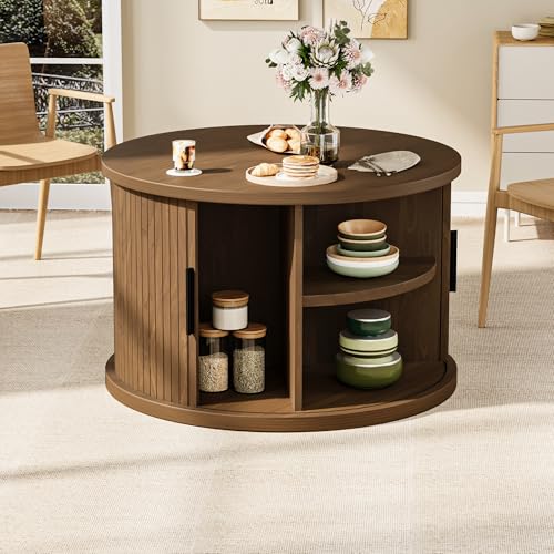 Wildhome Runder Couchtisch, 31,5 "Fluted Couchtisch mit Lagerung, Fluted Akzent Center Tisch mit Schiebetür, Mid Century Modern für Wohnzimmer Kreis Holz, Walnuss von Wildhome