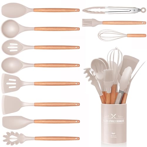 12 Stück Küchenhelfer Set, Silikon Küchenutensilien Set, Antihaft Hitzebeständiger Holzgriff Kochbesteck mit Utensilienhalter, Silikonspatel Kochgeschirr Set, Spülmaschinengeeignet (Khaki) von Wildone