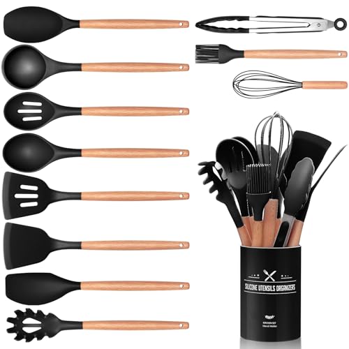 12 Stück Küchenhelfer Set, Silikon Küchenutensilien Set, Antihaft Hitzebeständiger Holzgriff Kochbesteck mit Utensilienhalter, Silikonspatel Kochgeschirr Set, Spülmaschinengeeignet (Schwarz) von Wildone