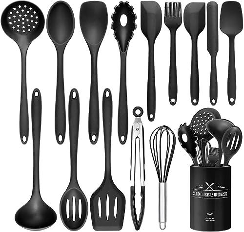 15 Stücke Küchen Kochutensilien Set, Silikon Küchenhelfer Set mit Utensilienhalter, Hitzebeständiger Kochbesteck Set, Spülmaschinenfest, Antihaftbeschichtete (Schwarz) von Wildone