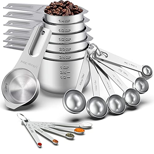 21-teiliges Edelstahl-Messbecher und Löffel-Set, Wildone stapelbare Metall-Messbecher und Löffel zum Kochen und Backen, inklusive 7 Tassen, 9 Löffel und 5 Mini-Löffel von Wildone