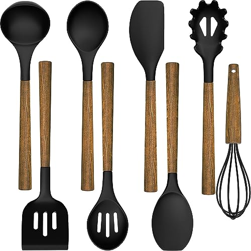 8-Teiliges Küchenhelfer Set, Silikon Küchenutensilien Kochlöffel Set mit Holzgriff und Loch für Kochen und Backen, Antihaft Hitzebeständiges Küchenhelfer, Schneebesen, Spatel(Schwarz) von Wildone